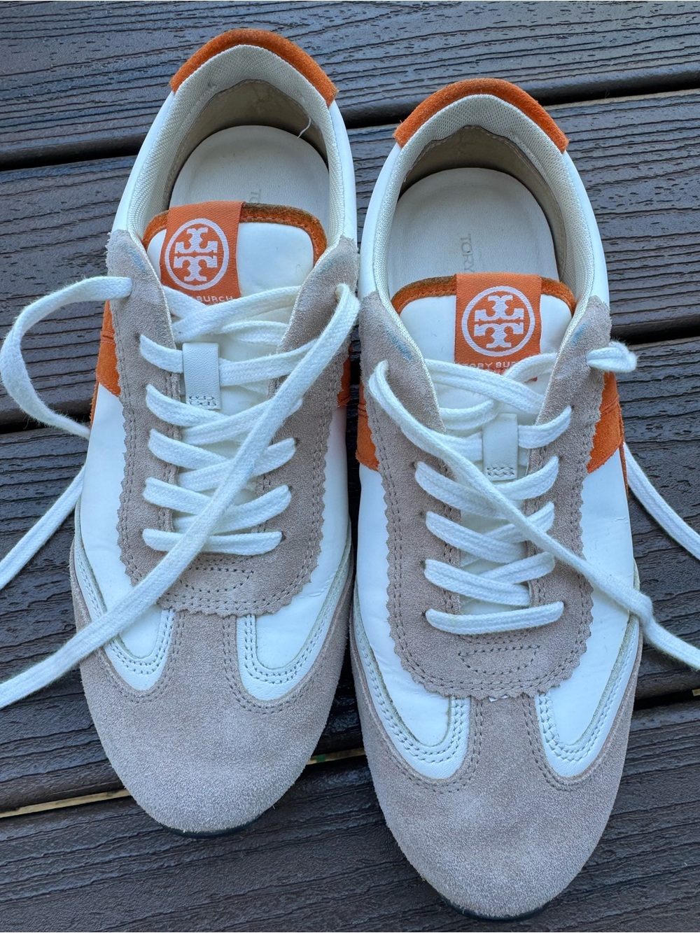 Tory Burch Tory Sneaker- Ivory, Orange & Beige Suede-Trim Sneakers